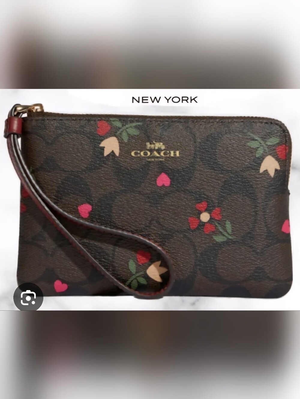 COACH Brown Floral Heart Zip Wristlet with Gold Logo